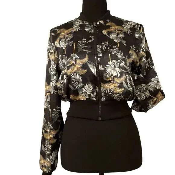 Victoria's Secret Black Luxe Palm Satin Feel Bomber Cropped Jacket - Picture 1 of 12